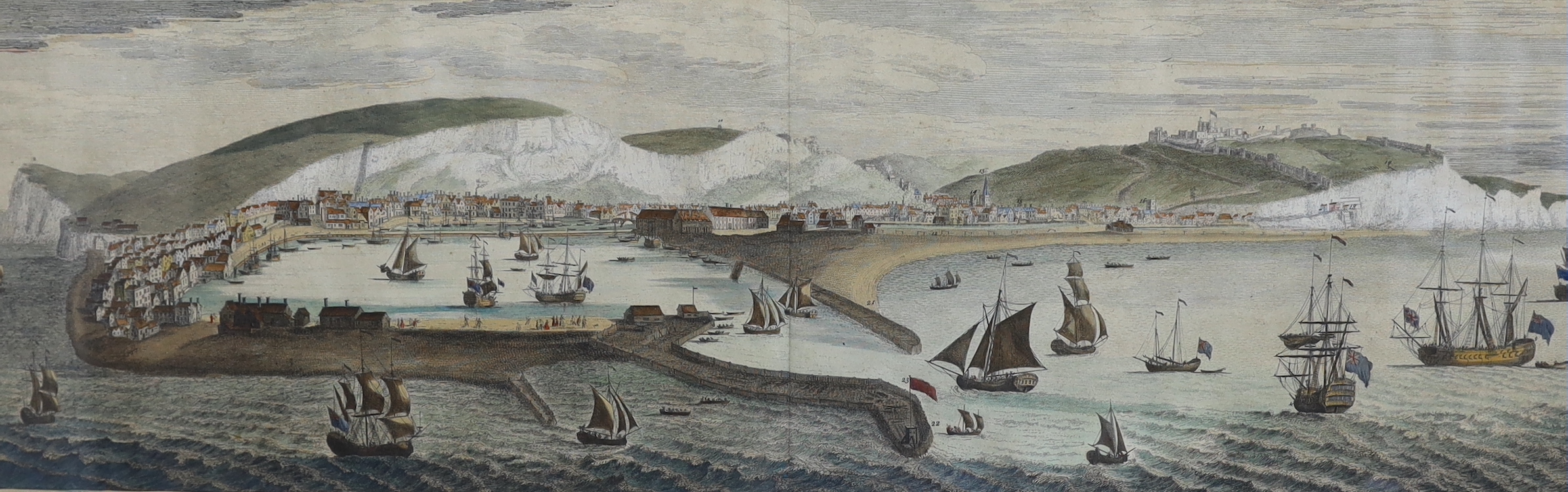 After Samuel and Nathaniel Buck (17th/18th. C) four hand coloured engravings, The South Prospect of Dover in the County of Kent, 40cm x 86 cm; unframed The North View of Dover Castle in the County of Kent, 1735, 20cm x 3